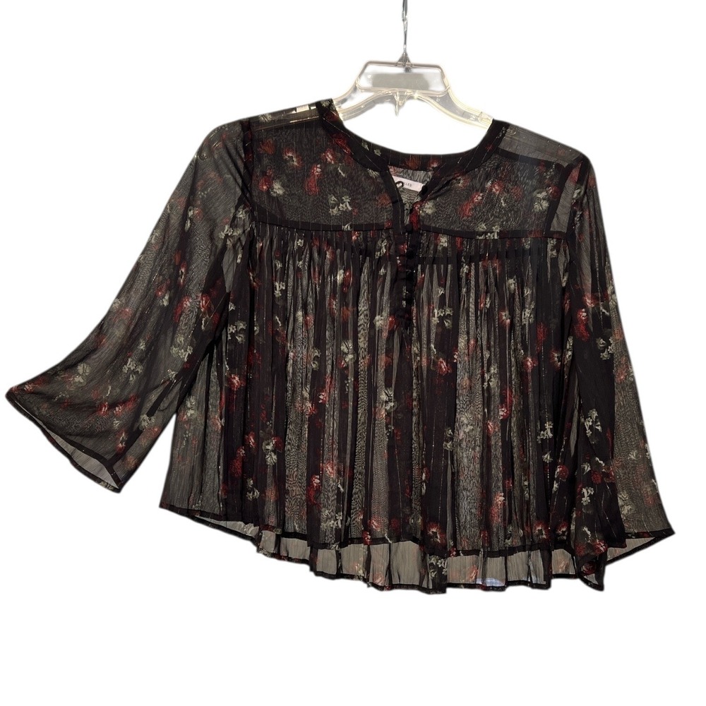 Avec Les Filles | Floral Flowy Cropped Top Black Sheer Blouse Size M WhimsyGoth